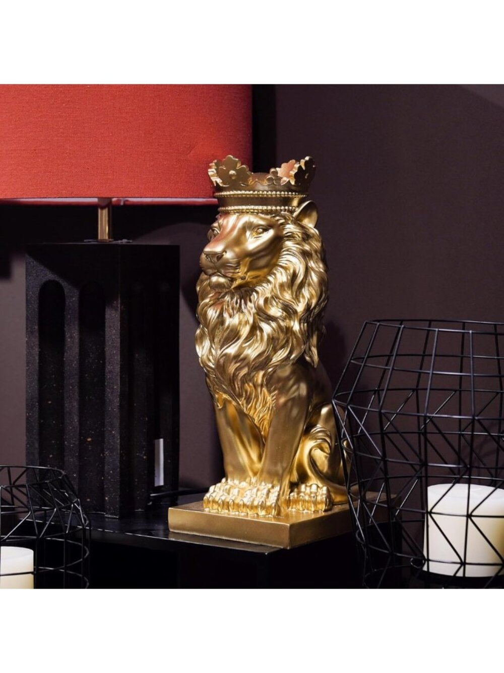 Majestic Gold Lion Statue Figurine - 15" Crowned Home Décor for Living Room